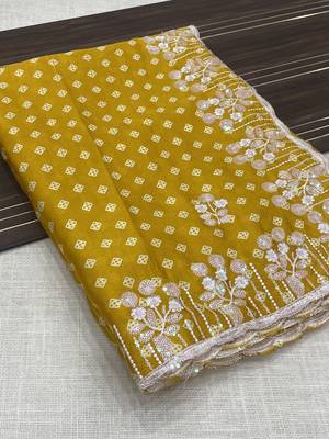 chinon silk bandhani print pallu sequin and thread work yellow saree 2