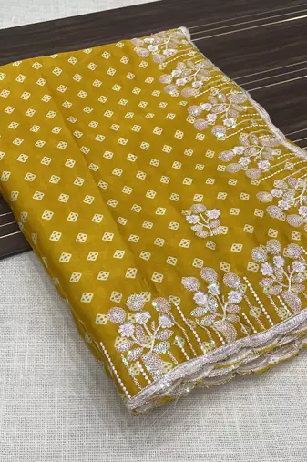 chinon silk bandhani print pallu sequin and thread work yellow saree