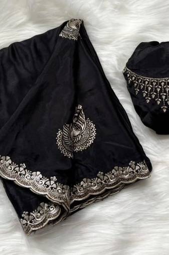 black heavy zari work chinon silk saree with fancy blouse
