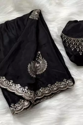 black heavy zari work chinon silk saree with fancy blouse