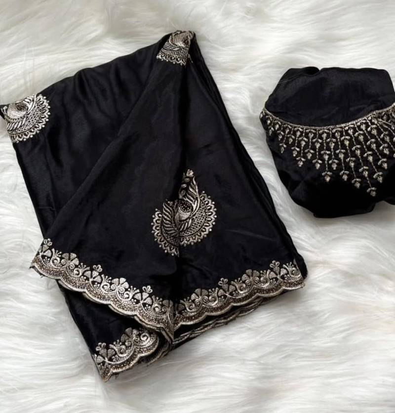 black heavy zari work chinon silk saree with fancy blouse