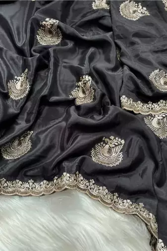 black heavy zari work chinon silk saree with fancy blouse
