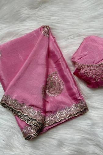 pink heavy zari work chinon silk saree with fancy blouse