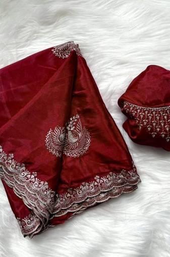 red heavy zari work chinon silk saree with fancy blouse