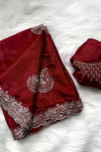 red heavy zari work chinon silk saree with fancy blouse
