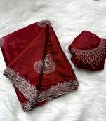 red heavy zari work chinon silk saree with fancy blouse