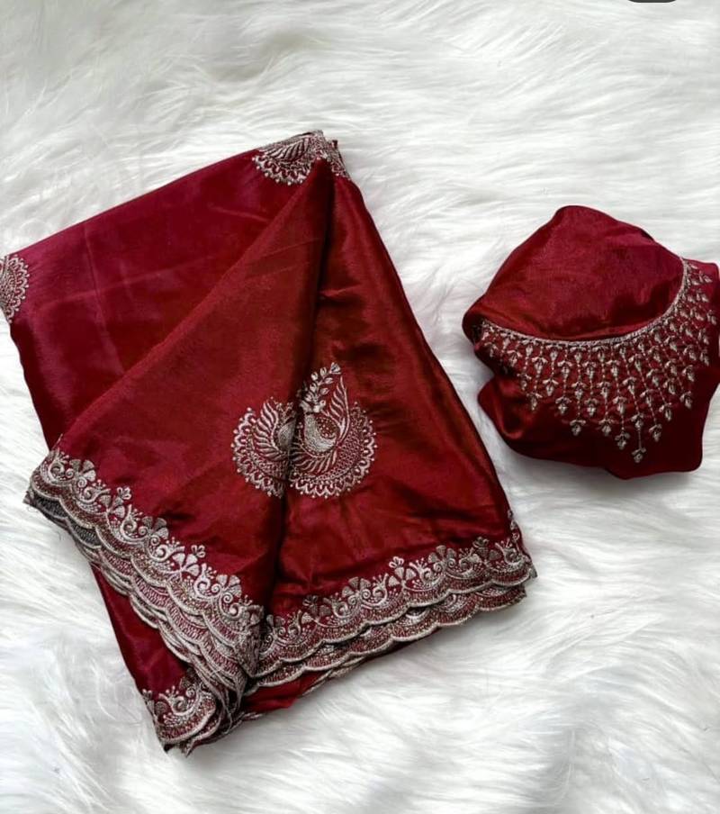 red heavy zari work chinon silk saree with fancy blouse