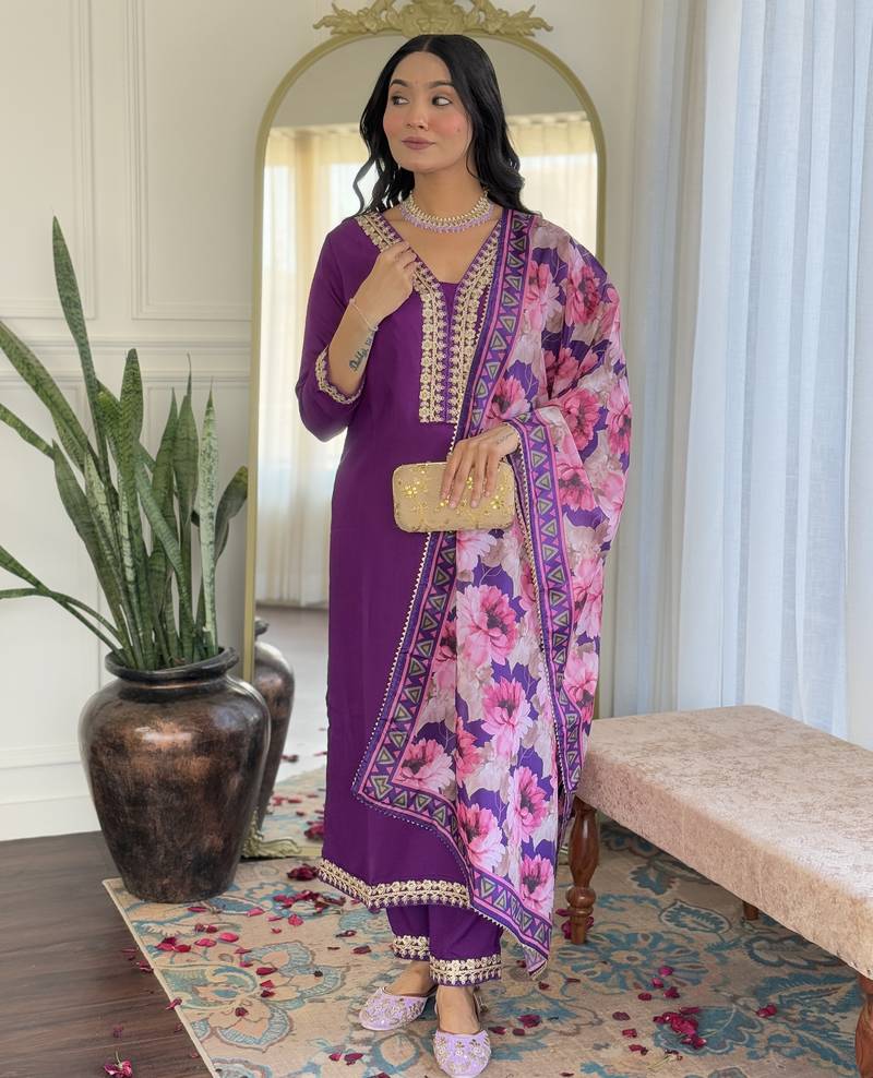 Women's embroidered viscose slub kurta set with floral dupatta, v-neck, 3/4 sleeve, regular fit