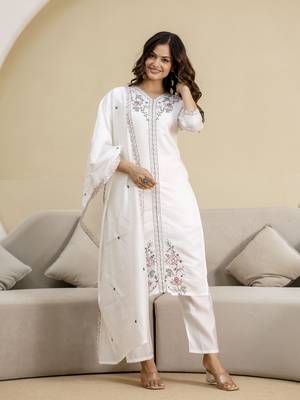 Trendmalls White chanderi embroidery kurta pant with dupatta set 1