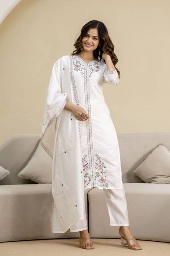 White chanderi embroidery kurta pant with dupatta set