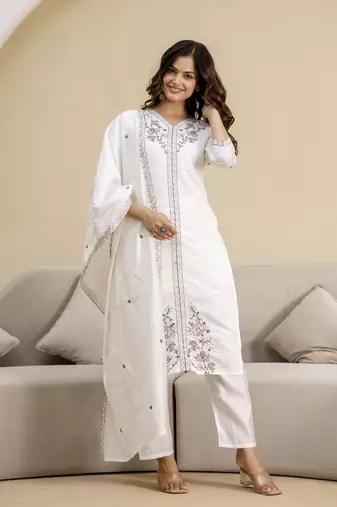 White chanderi embroidery kurta pant with dupatta set