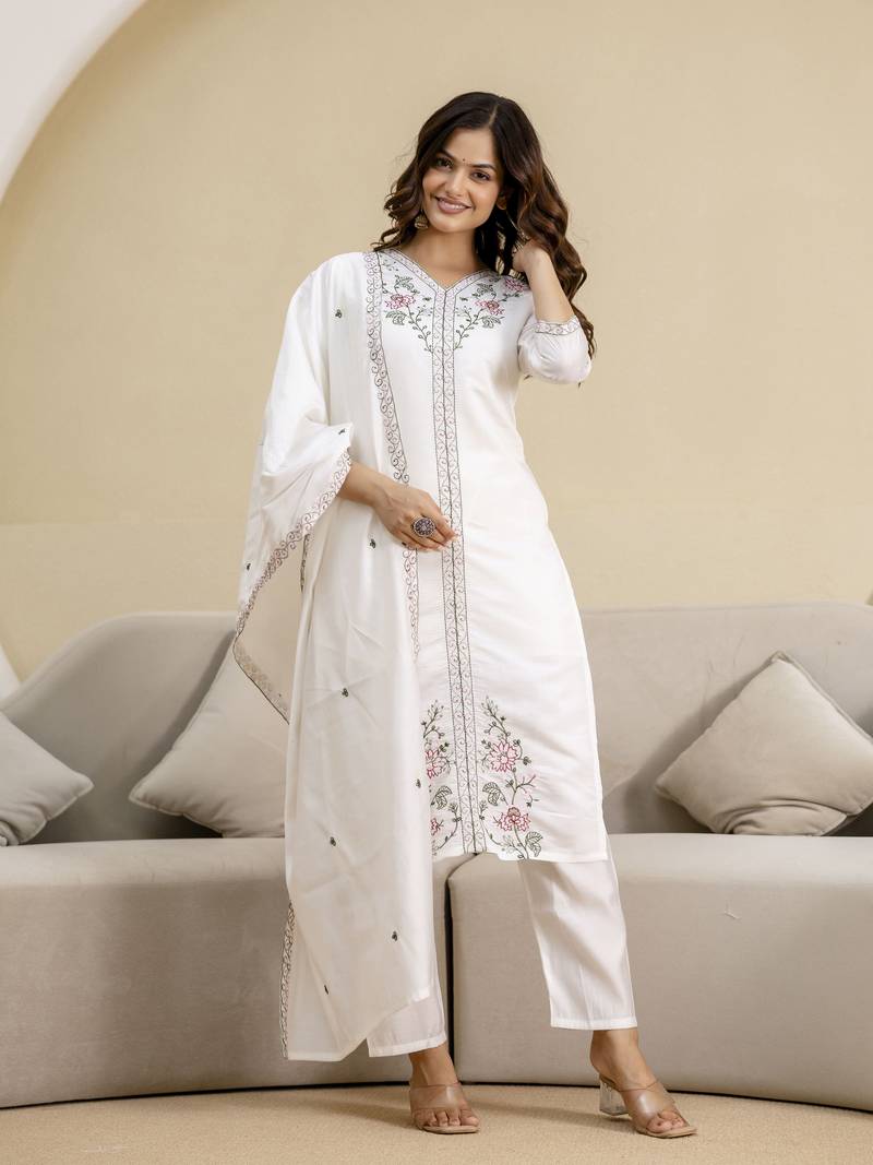 White chanderi embroidery kurta pant with dupatta set