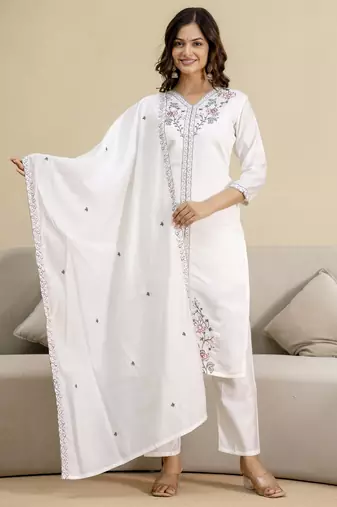 Trendmalls White chanderi embroidery kurta pant with dupatta set