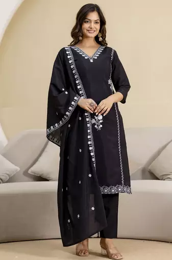 Black chanderi embroidery kurta pant with dupatta set