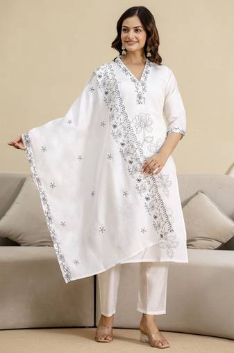 White chanderi embroidery kurta pant with dupatta set