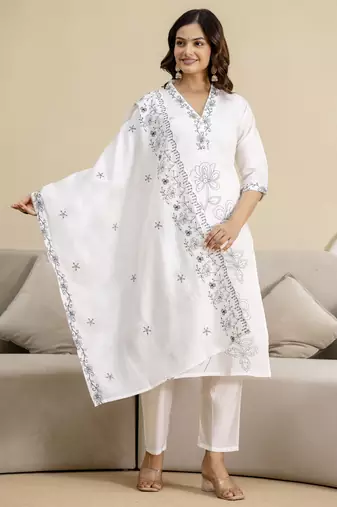 White chanderi embroidery kurta pant with dupatta set