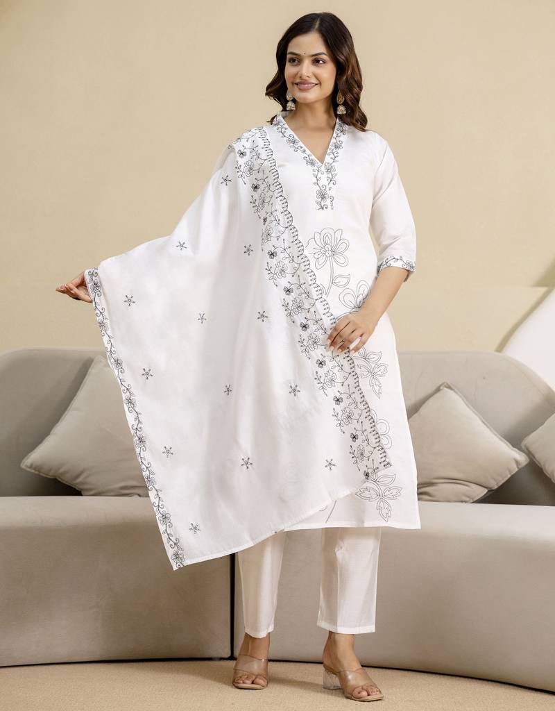 White chanderi embroidery kurta pant with dupatta set