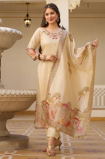 Elegant beige salwar suit with floral embroidery, palm tree print, three-quarter sleeves