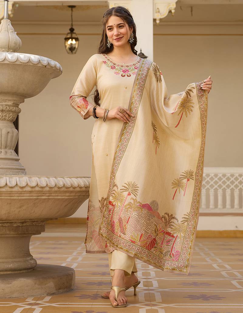 Elegant beige salwar suit with floral embroidery, palm tree print, three-quarter sleeves