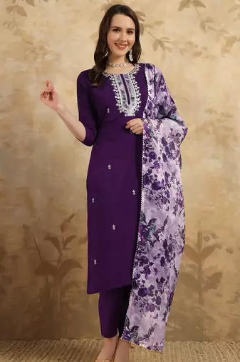 Women's purple chanderi kurta set with floral dupatta, 3/4 sleeve, round neck, 3 piece
