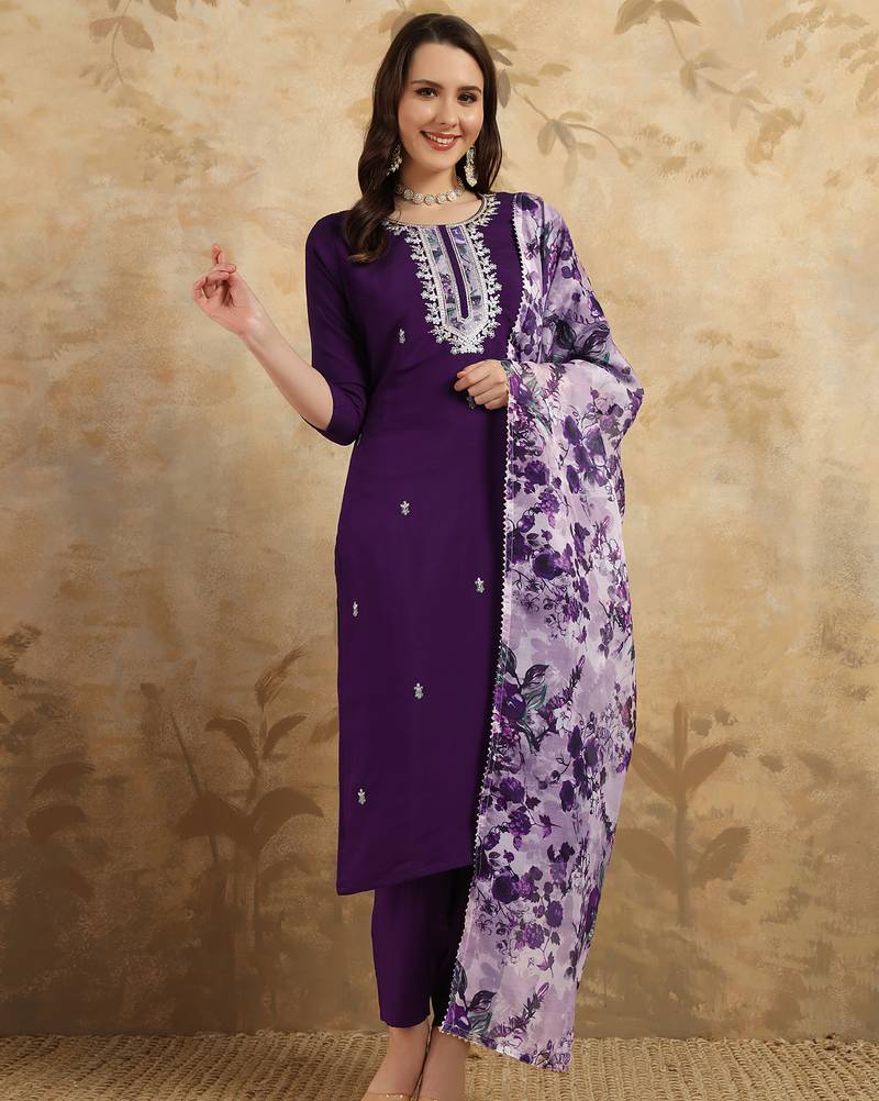 Women's purple chanderi kurta set with floral dupatta, 3/4 sleeve, round neck, 3 piece