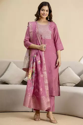 Pink roman silk embroidery kurta pant with dupatta set