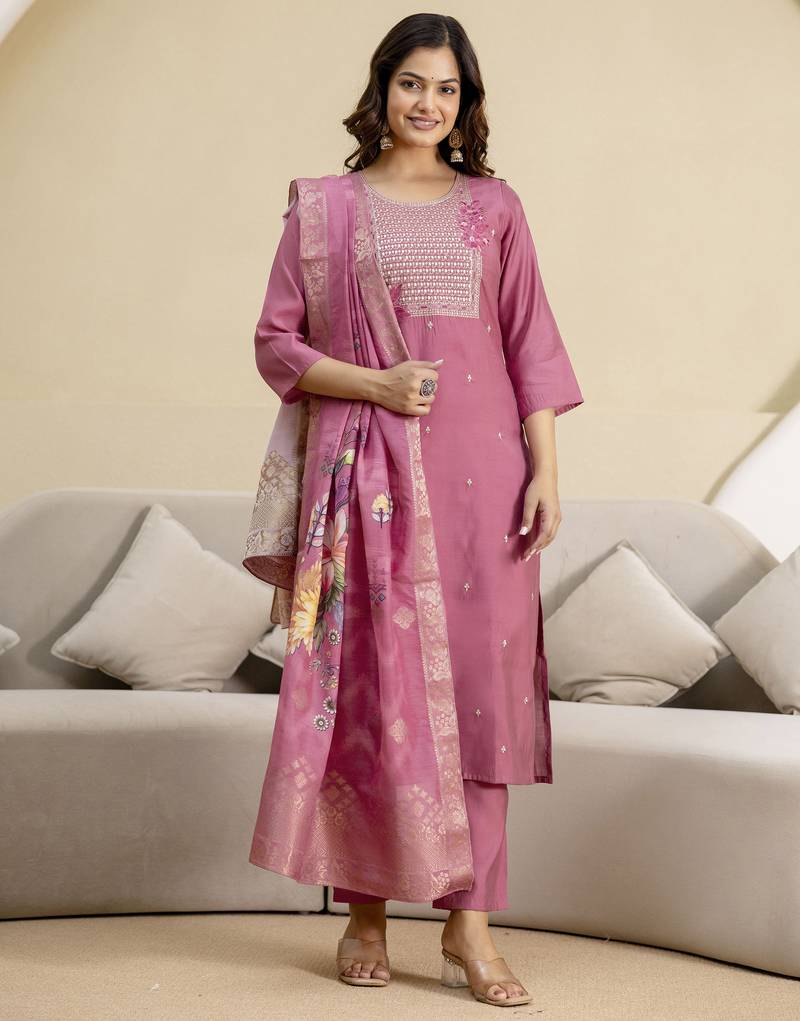 Pink roman silk embroidery kurta pant with dupatta set