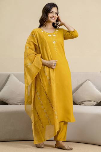Yellow chanderi embroidery kurta pant with dupatta set