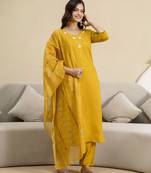 Yellow chanderi embroidery kurta pant with dupatta set