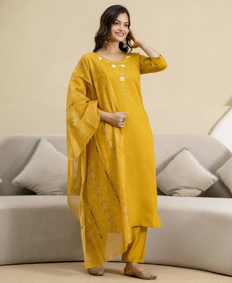 Yellow chanderi embroidery kurta pant with dupatta set