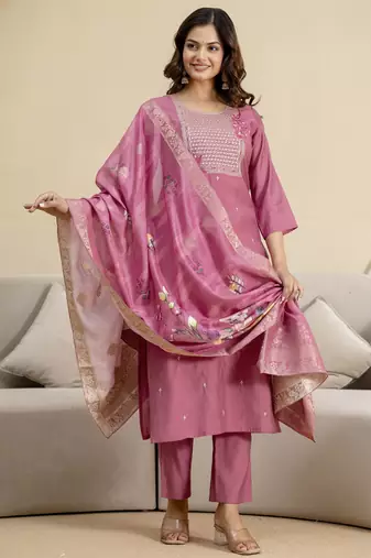 Trendmalls Pink roman silk embroidery kurta pant with dupatta set