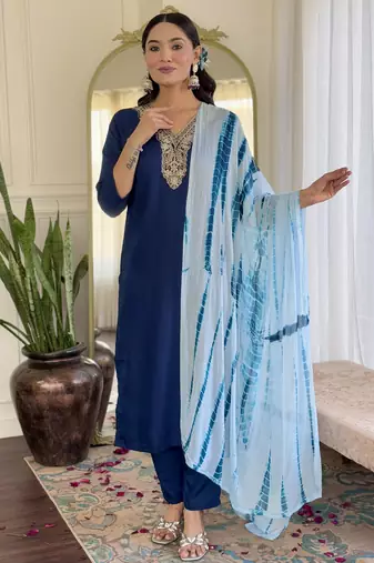 Women's viscose slub embroidered kurta set with dupatta set, v-neck, 3/4 sleeve, regular fit