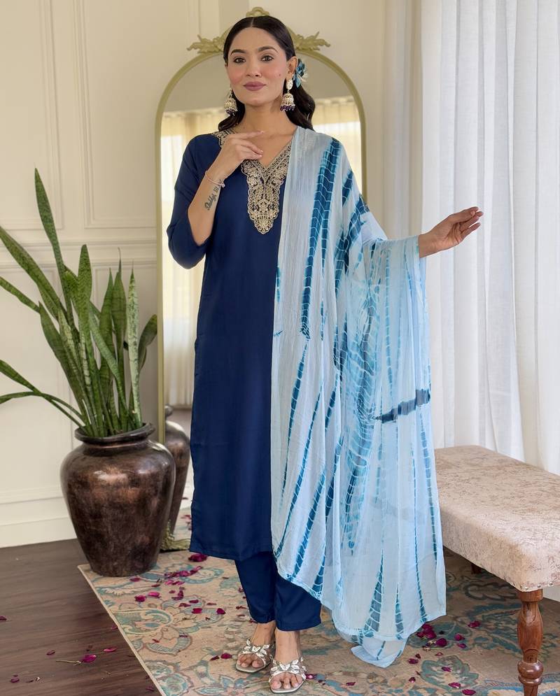 Women's viscose slub embroidered kurta set with dupatta set, v-neck, 3/4 sleeve, regular fit