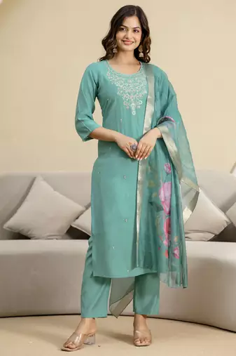 Teal blue roman silk embroidery kurta pant with dupatta set