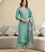 Trendmalls Teal blue roman silk embroidery kurta pant with dupatta set