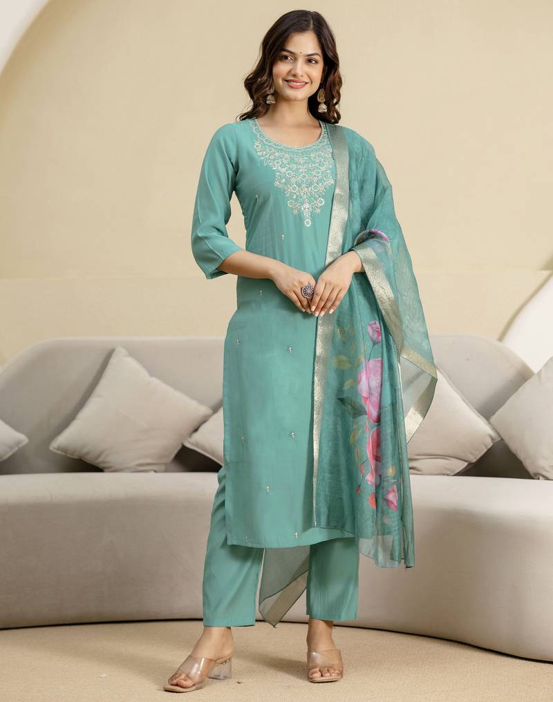 Teal blue roman silk embroidery kurta pant with dupatta set