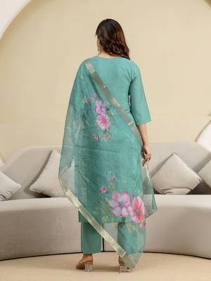 Teal blue roman silk embroidery kurta pant with dupatta set 3