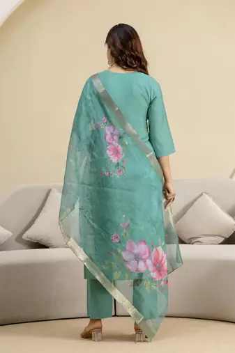 Trendmalls Teal blue roman silk embroidery kurta pant with dupatta set