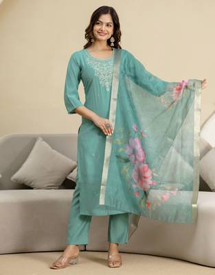 Teal blue roman silk embroidery kurta pant with dupatta set 4