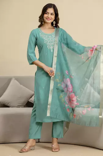 Trendmalls Teal blue roman silk embroidery kurta pant with dupatta set