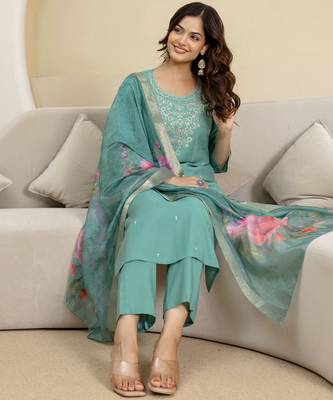 Teal blue roman silk embroidery kurta pant with dupatta set 5