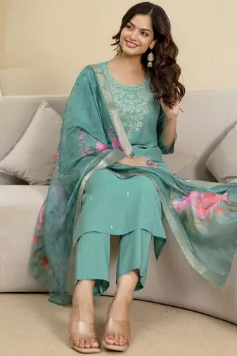 Trendmalls Teal blue roman silk embroidery kurta pant with dupatta set