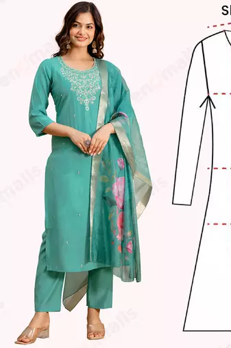 Trendmalls Teal blue roman silk embroidery kurta pant with dupatta set