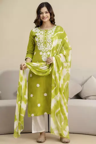 Green cotton embroidery kurta pant with dupatta set