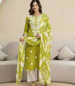 Green cotton embroidery kurta pant with dupatta set