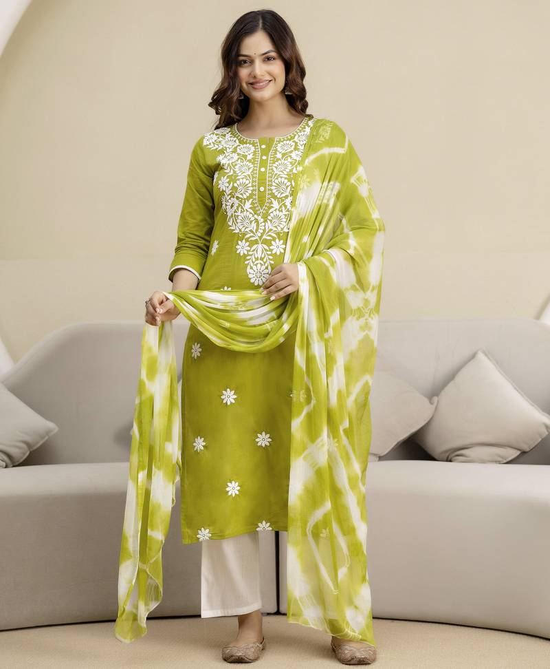 Green cotton embroidery kurta pant with dupatta set