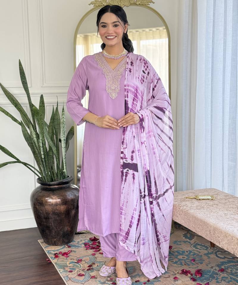 Women's viscose slub embroidered kurta set with dupatta set, v-neck, 3/4 sleeve, regular fit