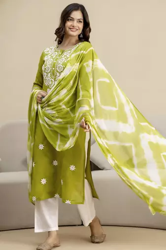 Trendmalls Green cotton embroidery kurta pant with dupatta set