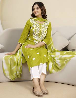 Green cotton embroidery kurta pant with dupatta set 5