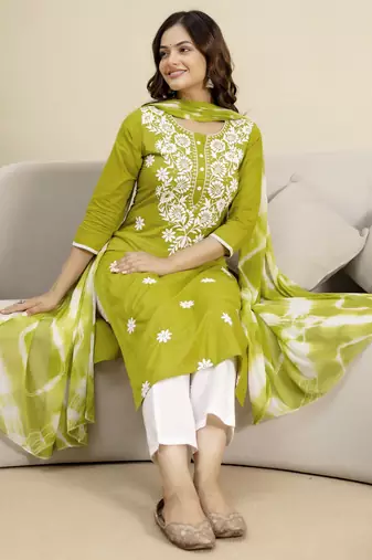 Trendmalls Green cotton embroidery kurta pant with dupatta set